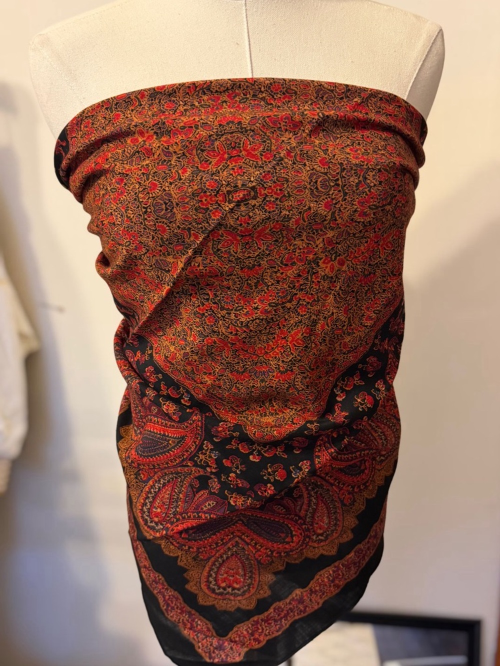 Vintage Thin Wool Paisley Black and Red Shawl
